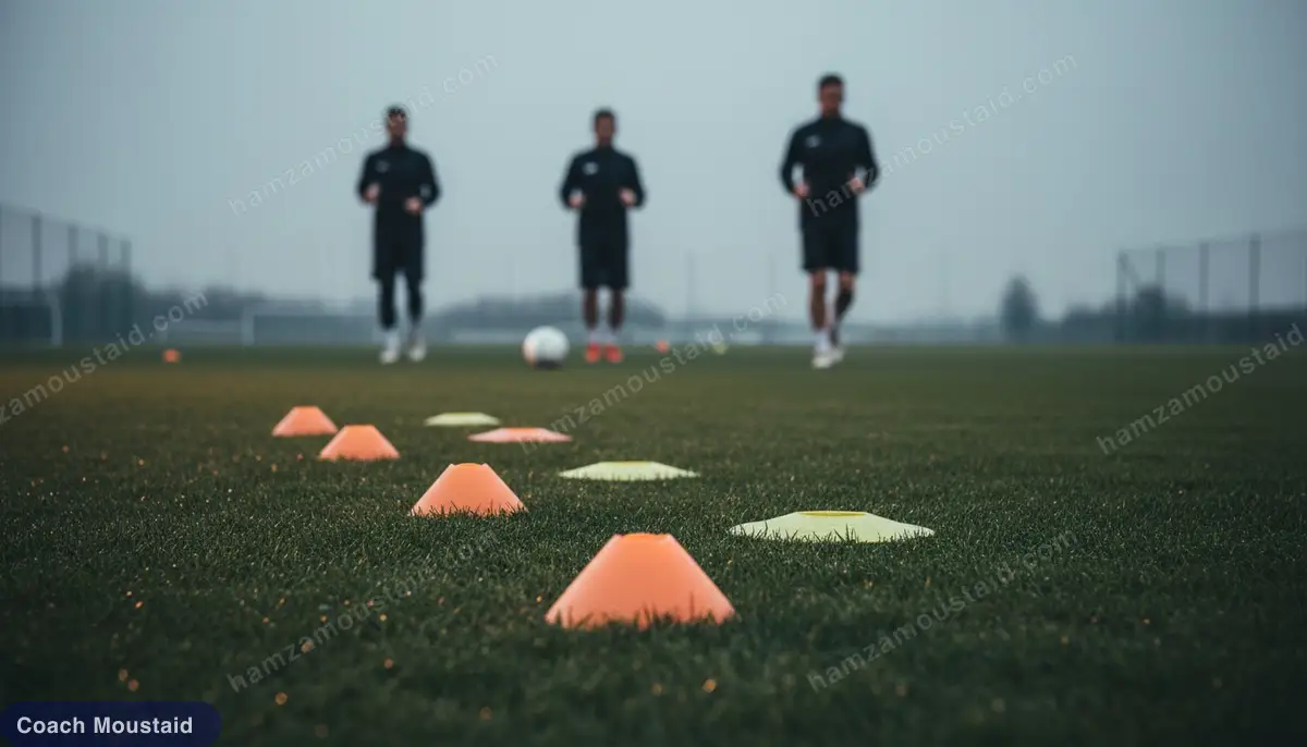 Training cones spread across a pitch with blurred players moving between them