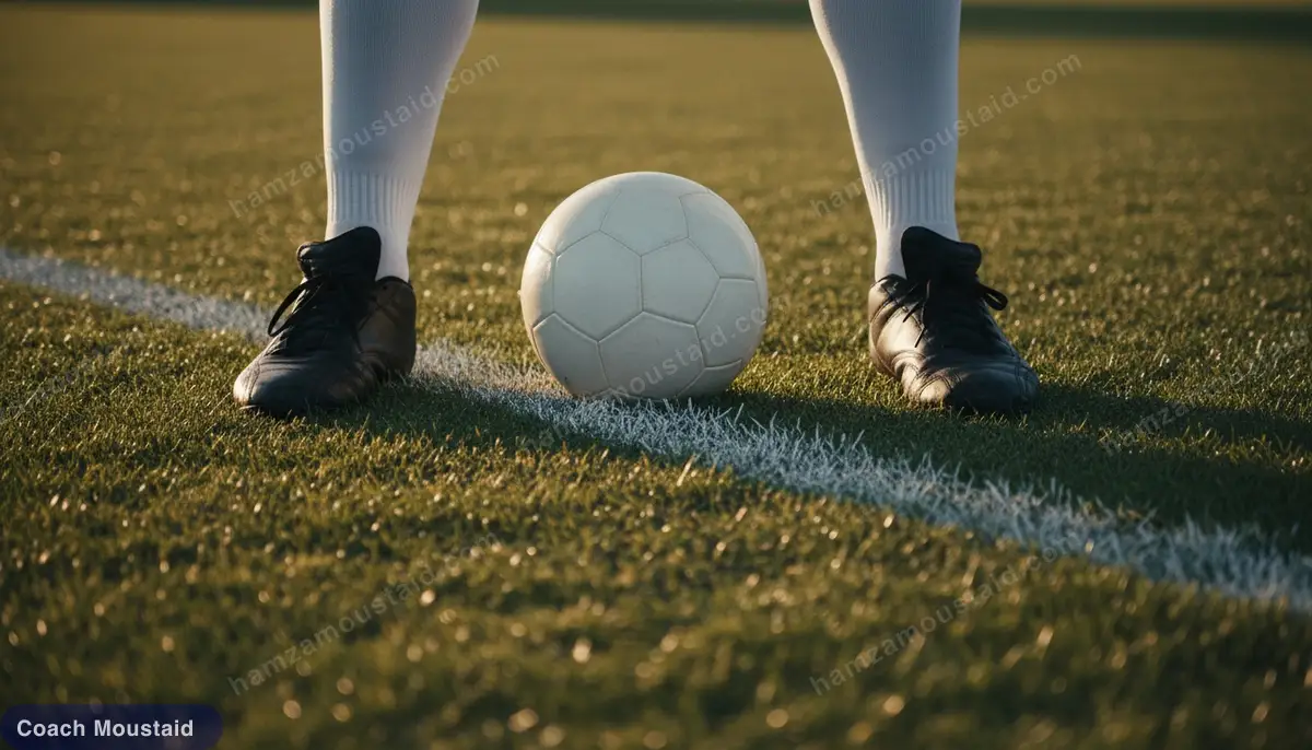 Close-up of a player's boots on the touchline with the ball at his feet
