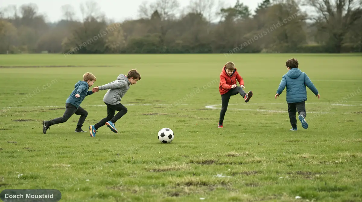Children playing a small rondo grid with one player defending in the middle