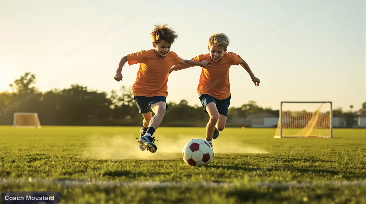 Two young players competing for the ball in a narrow channel between two small goals